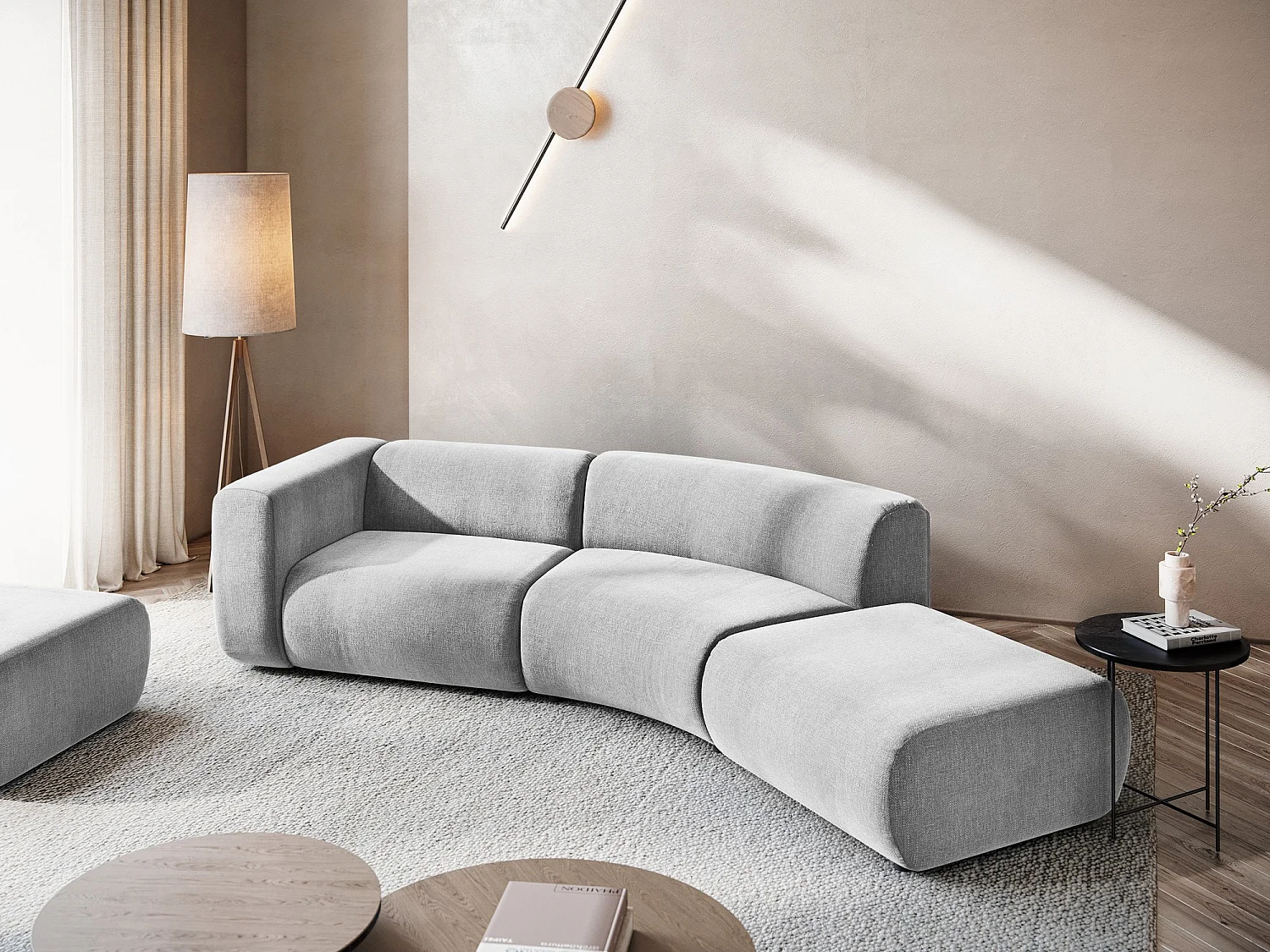 Canapé modulable 4 places droit en tissu chenille - gris clair - EKAHI