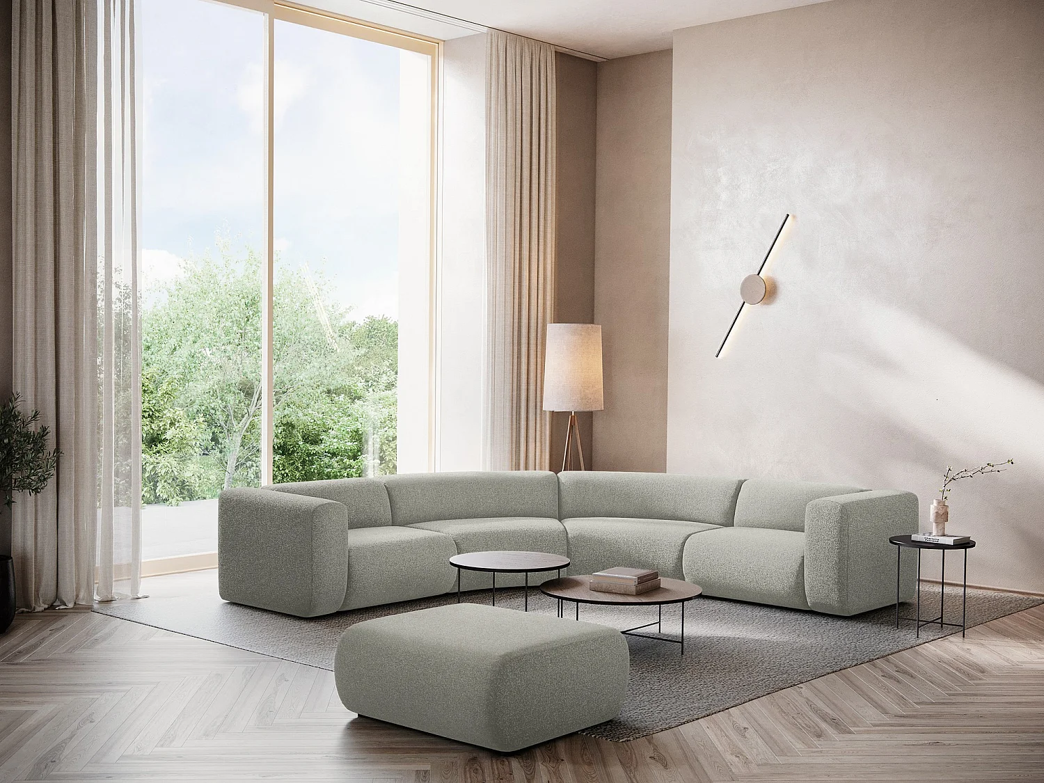 Sofá de canto modular 5 lugares em tecido texturizado cinza claro - EKAHI