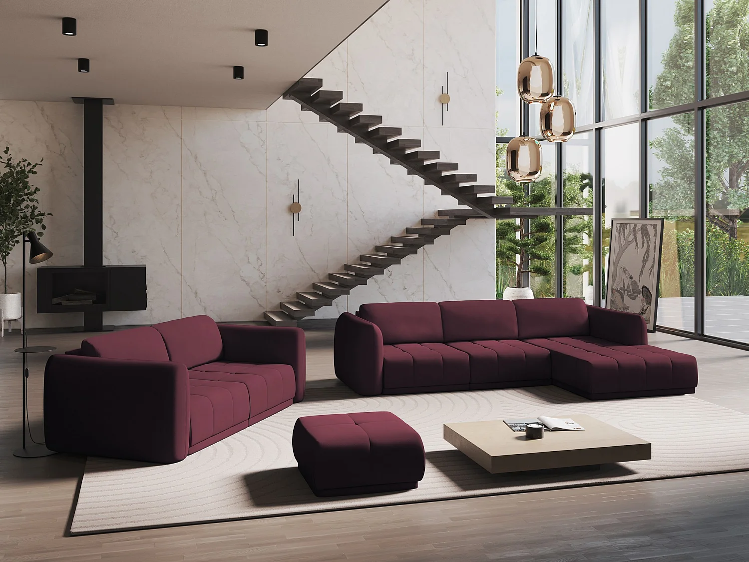 Ecksofa - Ecke Rechts - Chenille - Rotwein - HOKU