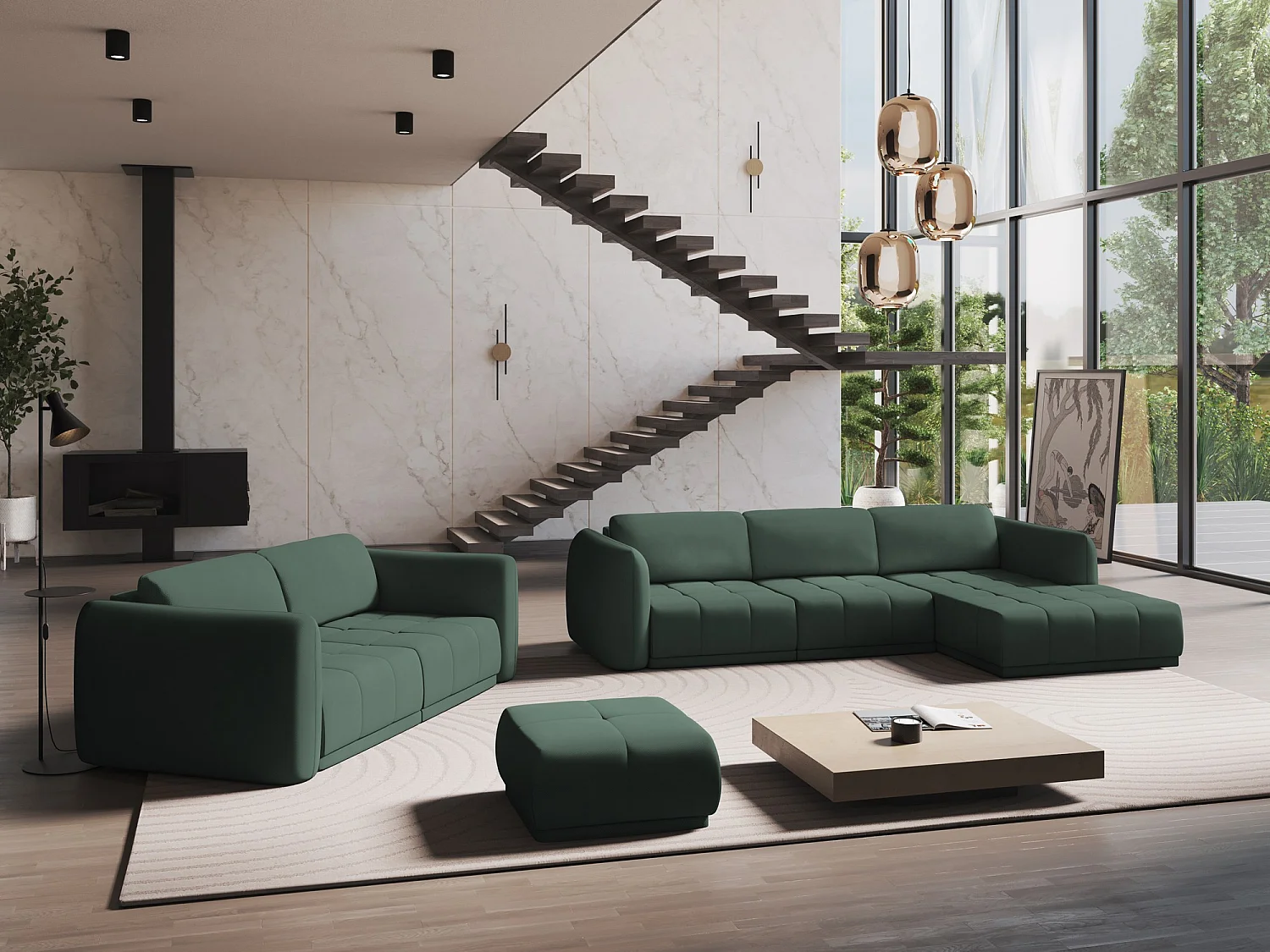 Ecksofa - Ecke Rechts - Chenille - Grün - HOKU