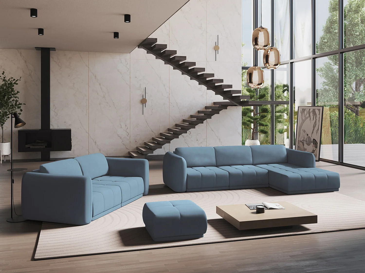 3-Sitzer Sofa - - Chenille - Jeans - HOKU