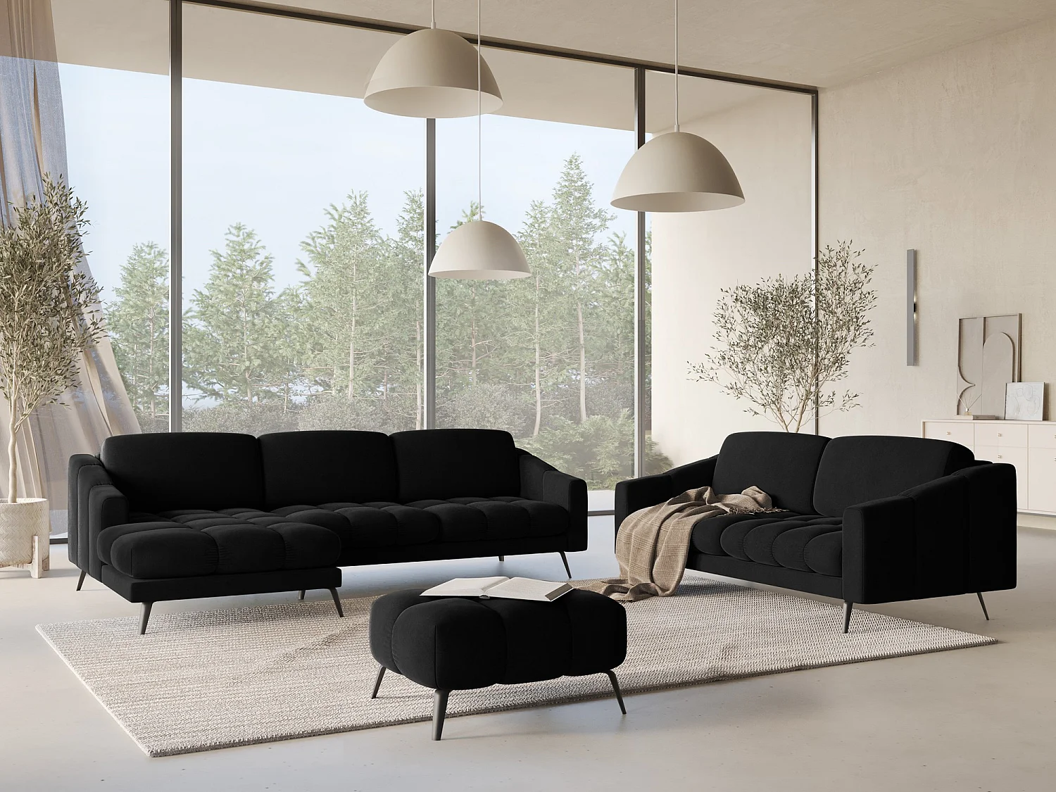 Ecksofa - Ecke Links - Samt - Schwarz - NALU