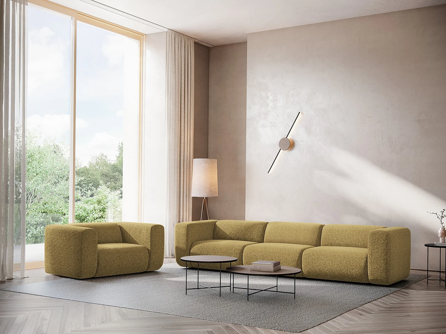 Sofá modular 4 plazas de tela texturizada mostaza - EKAHI