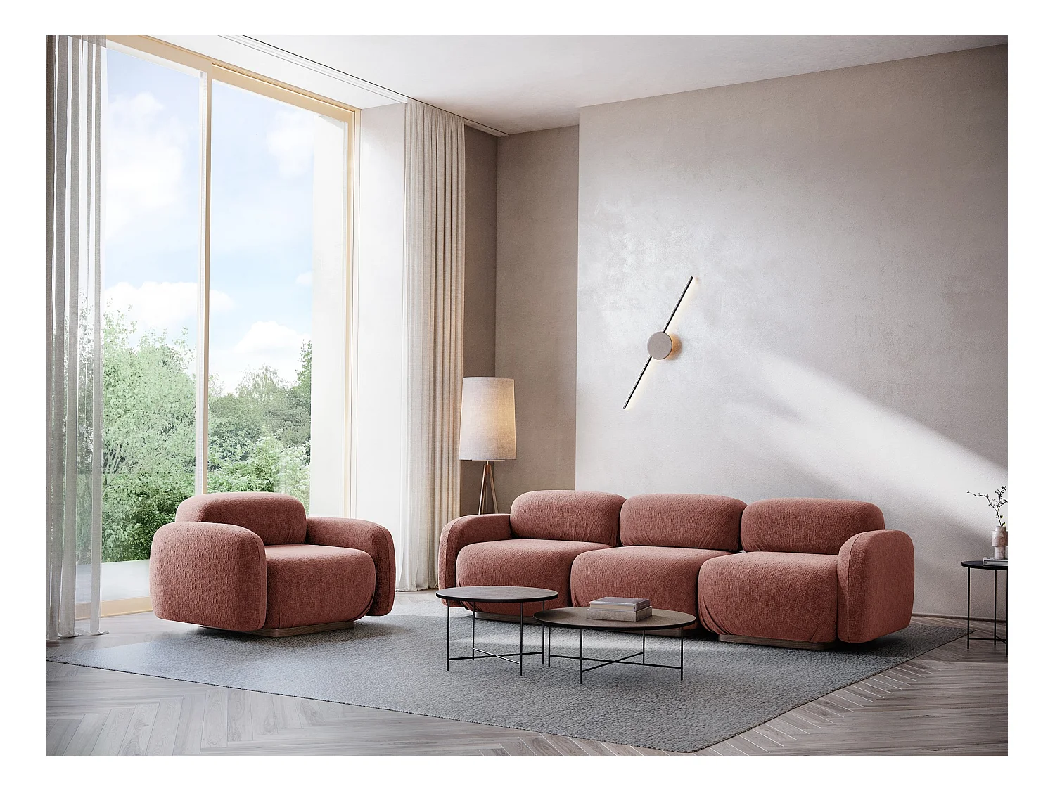 Bankmodule met armleuning rechts van gedempt roze chenille stof - AILANI