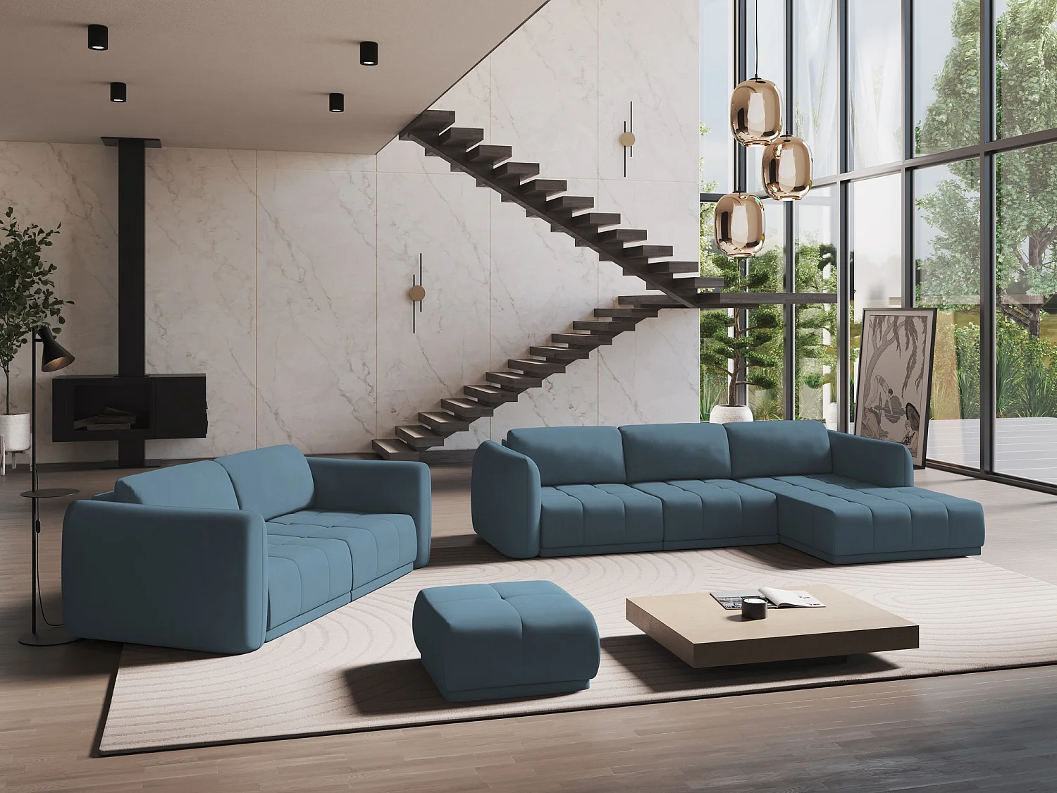 Sofa panoramiczna - z tkaniny szenilowej - jeans - HOKU