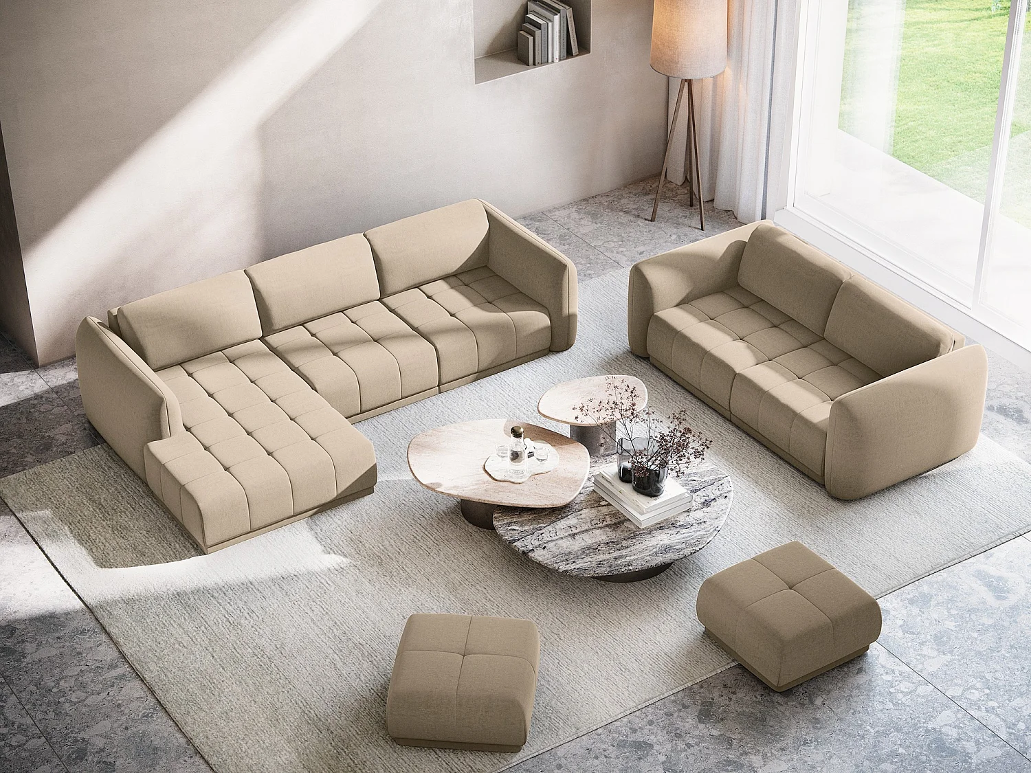 Ecksofa - Ecke Links - Samt - Hell beige - HOKU