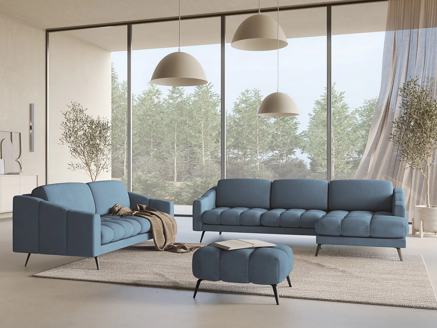 Canapé d'angle droit en tissu chenille - jeans - NALU