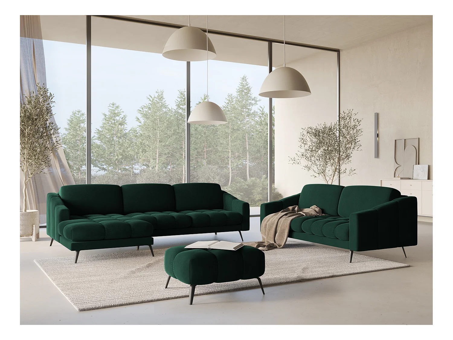 Canapé d'angle gauche en velours - bouteille verte - NALU