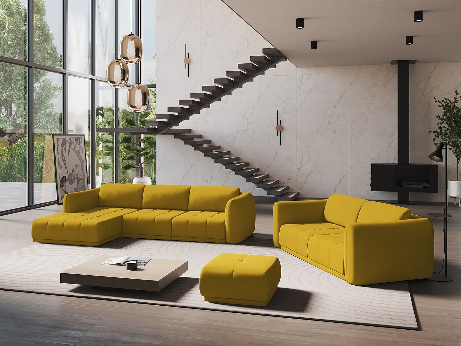 Sofá de canto esquerdo 3 lugares em tecido chenille mostarda - HOKU