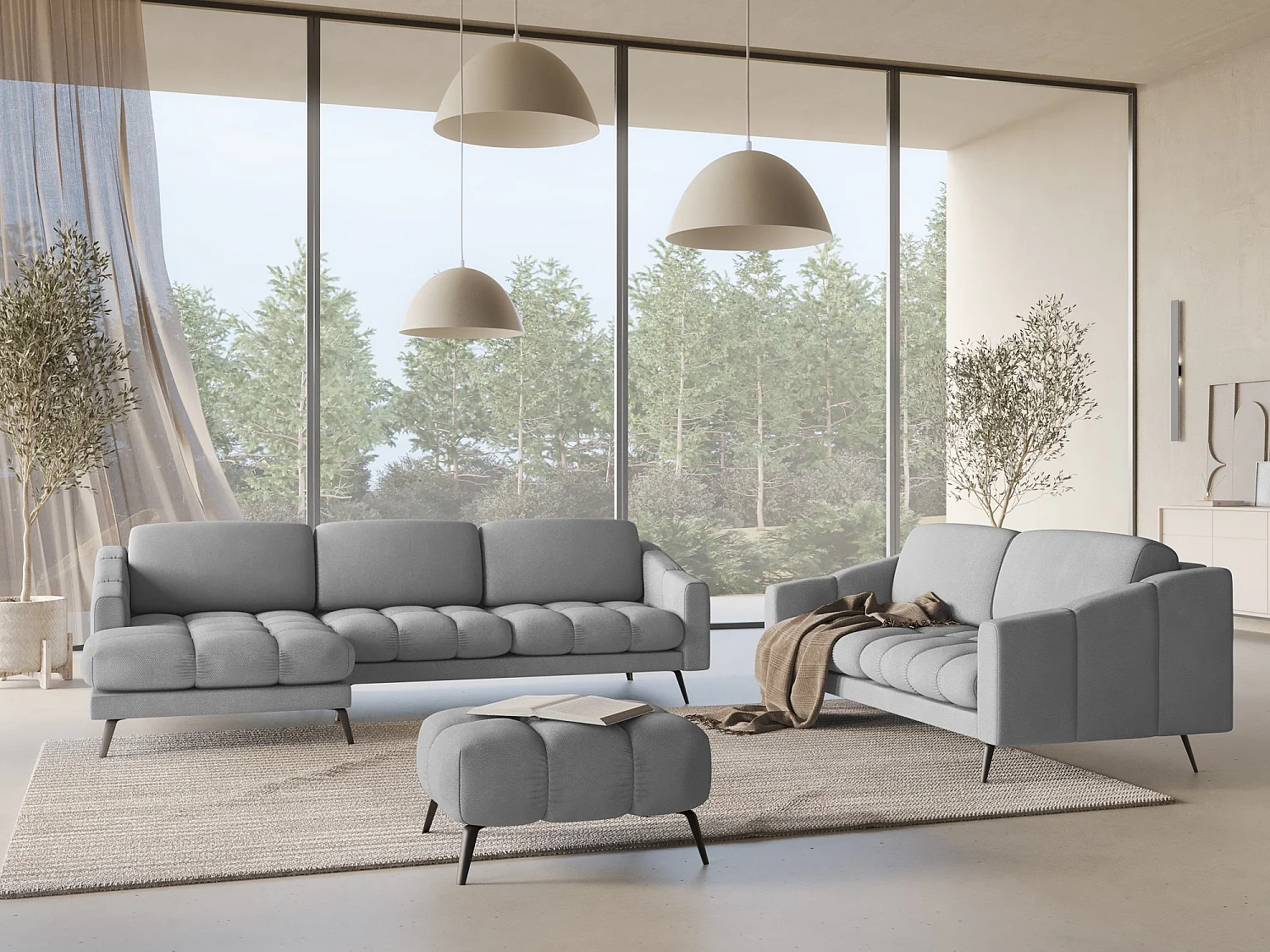 Hoekbank links van lichtgrijs chenille stof - NALU