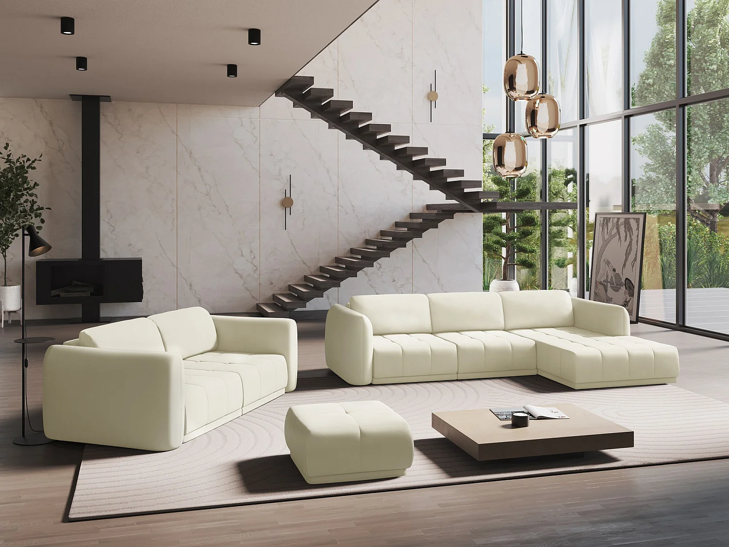 Canapé d'angle droit en tissu chenille - beige - HOKU