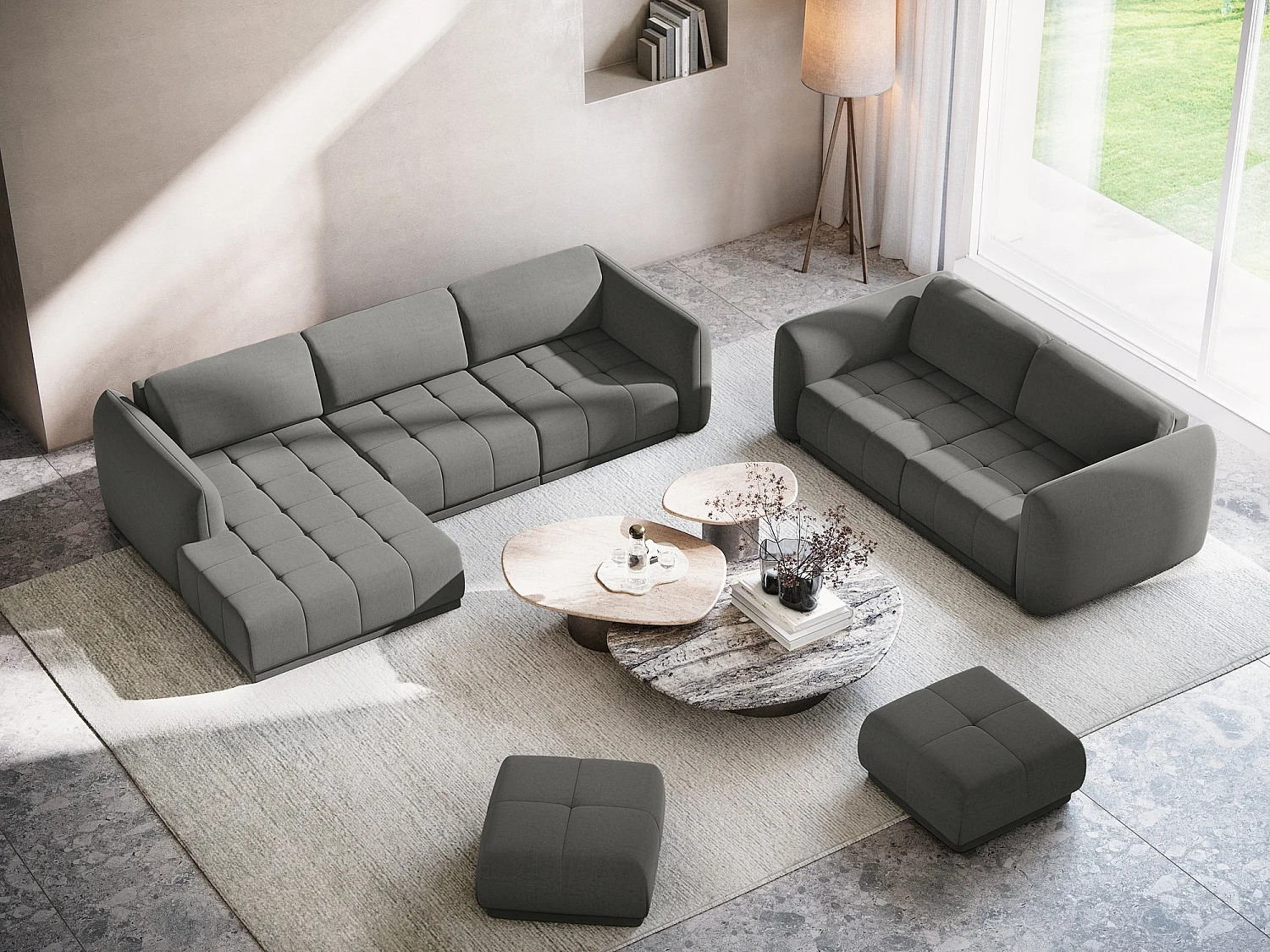 Ecksofa - Ecke Links - Samt - Stahl - HOKU