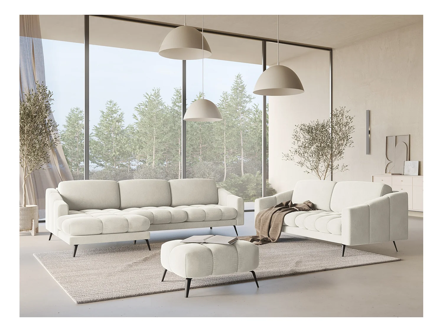 Canapé d'angle gauche en velours - beige clair - NALU