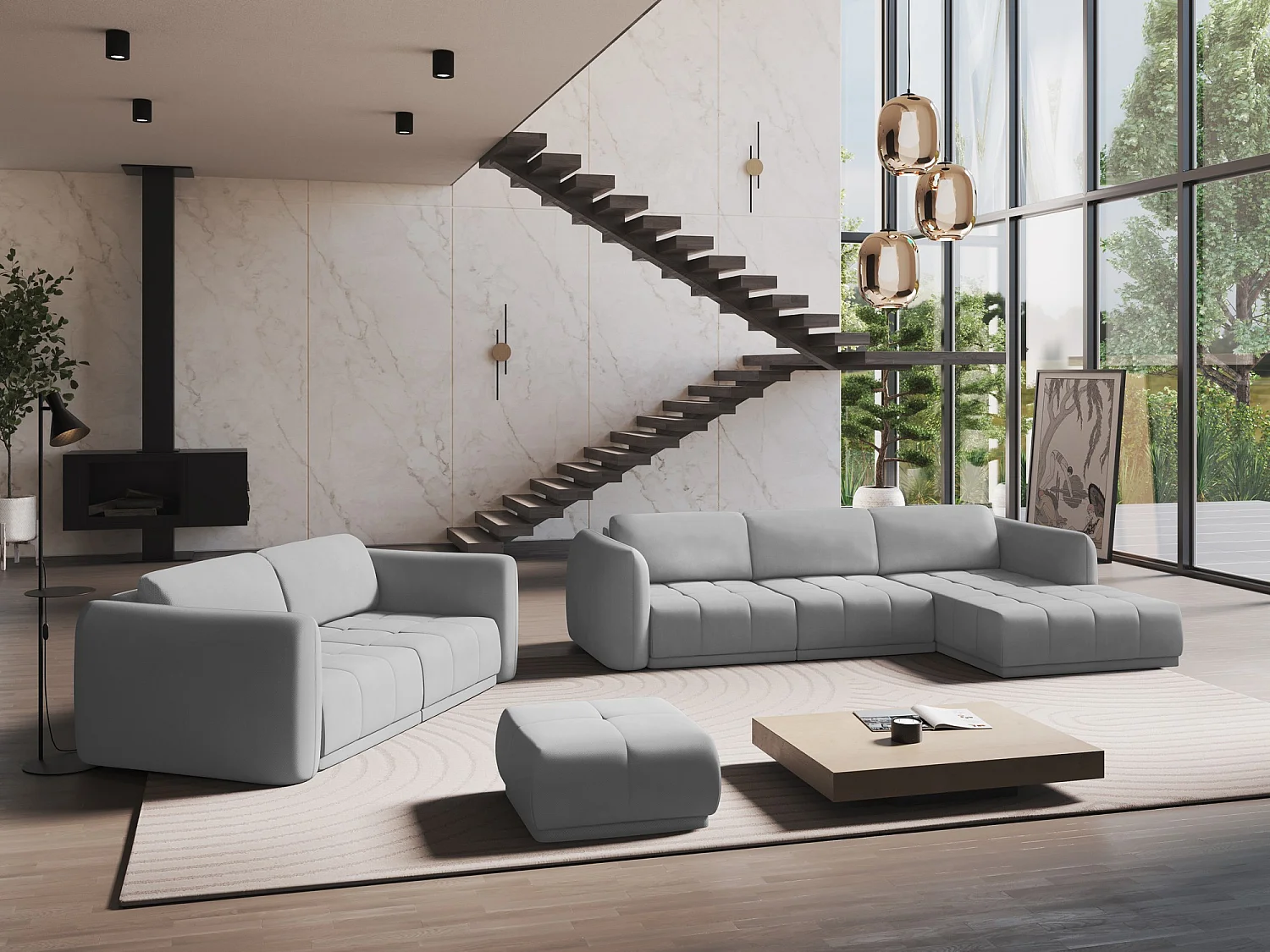 Canapé 3 places en tissu chenille - gris clair - HOKU