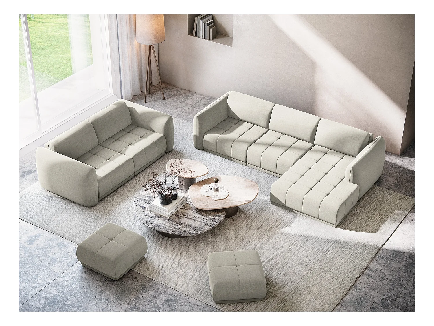 Pufa - z tkaniny welwetowej - perłowy - HOKU