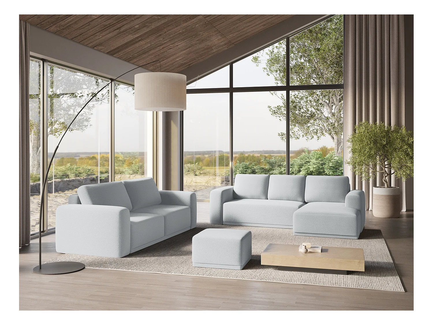 Poef van lichtblauw chenille stof - KAILA