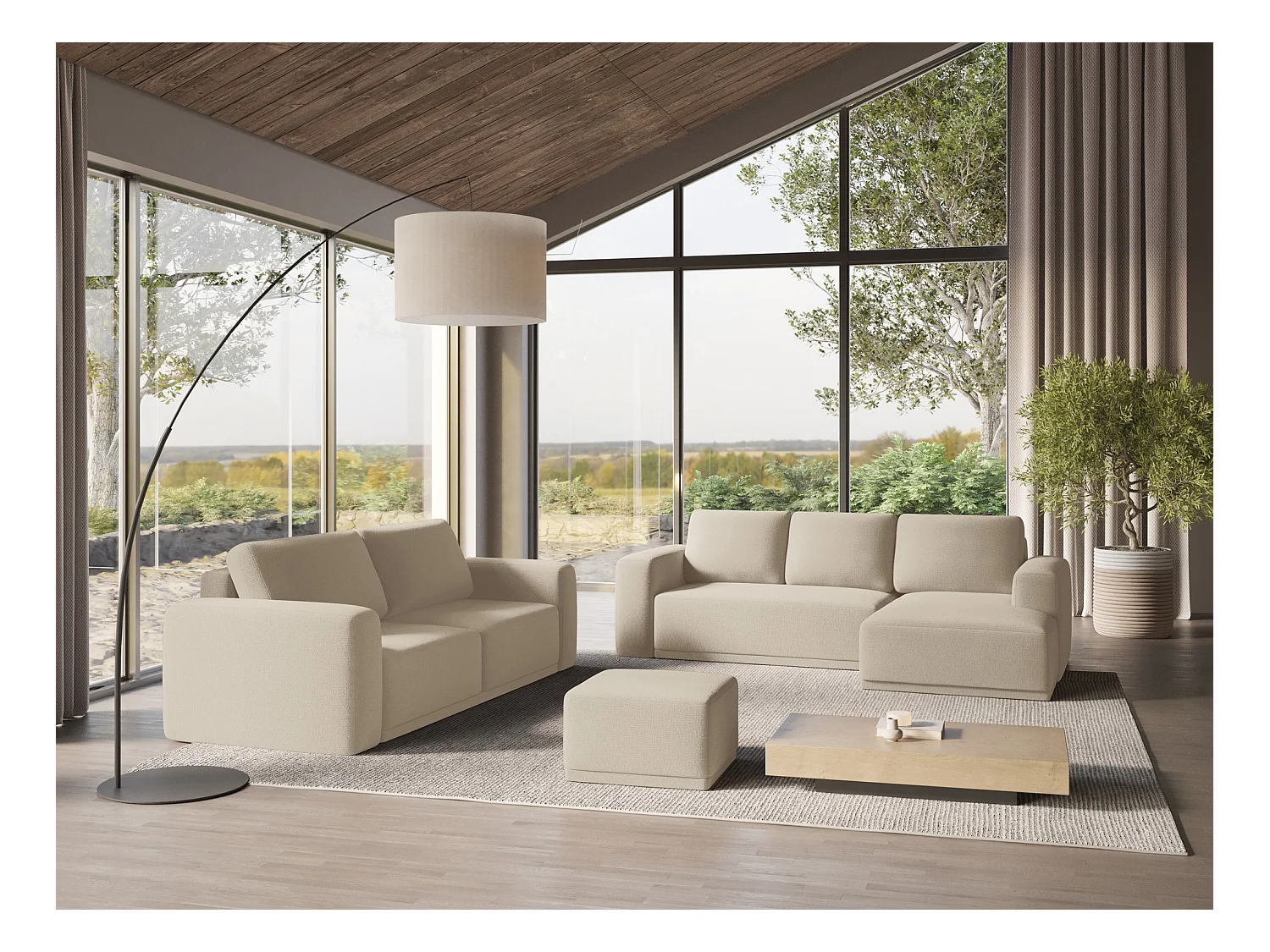 Pouf en tissu chenille - beige foncé - KAILA