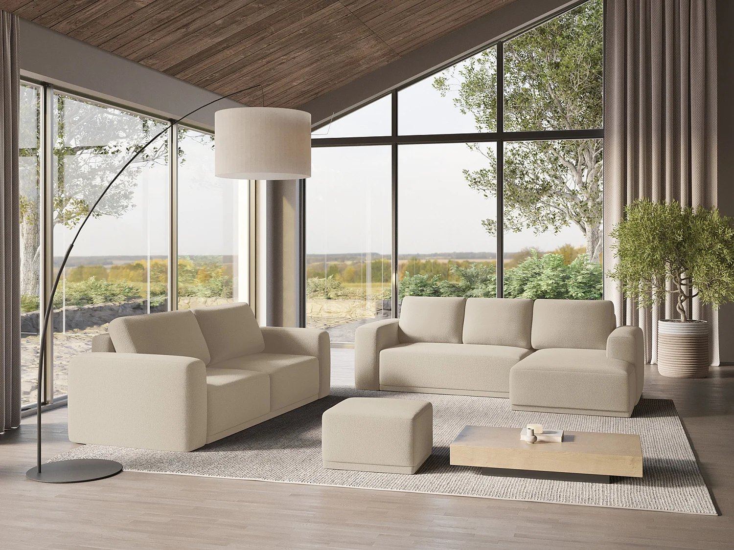 Pouf en tissu chenille - beige foncé - KAILA