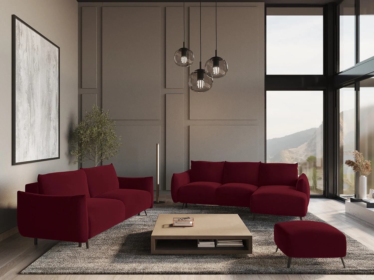 Pouf - Hocker - Samt - Burgund - MALIE