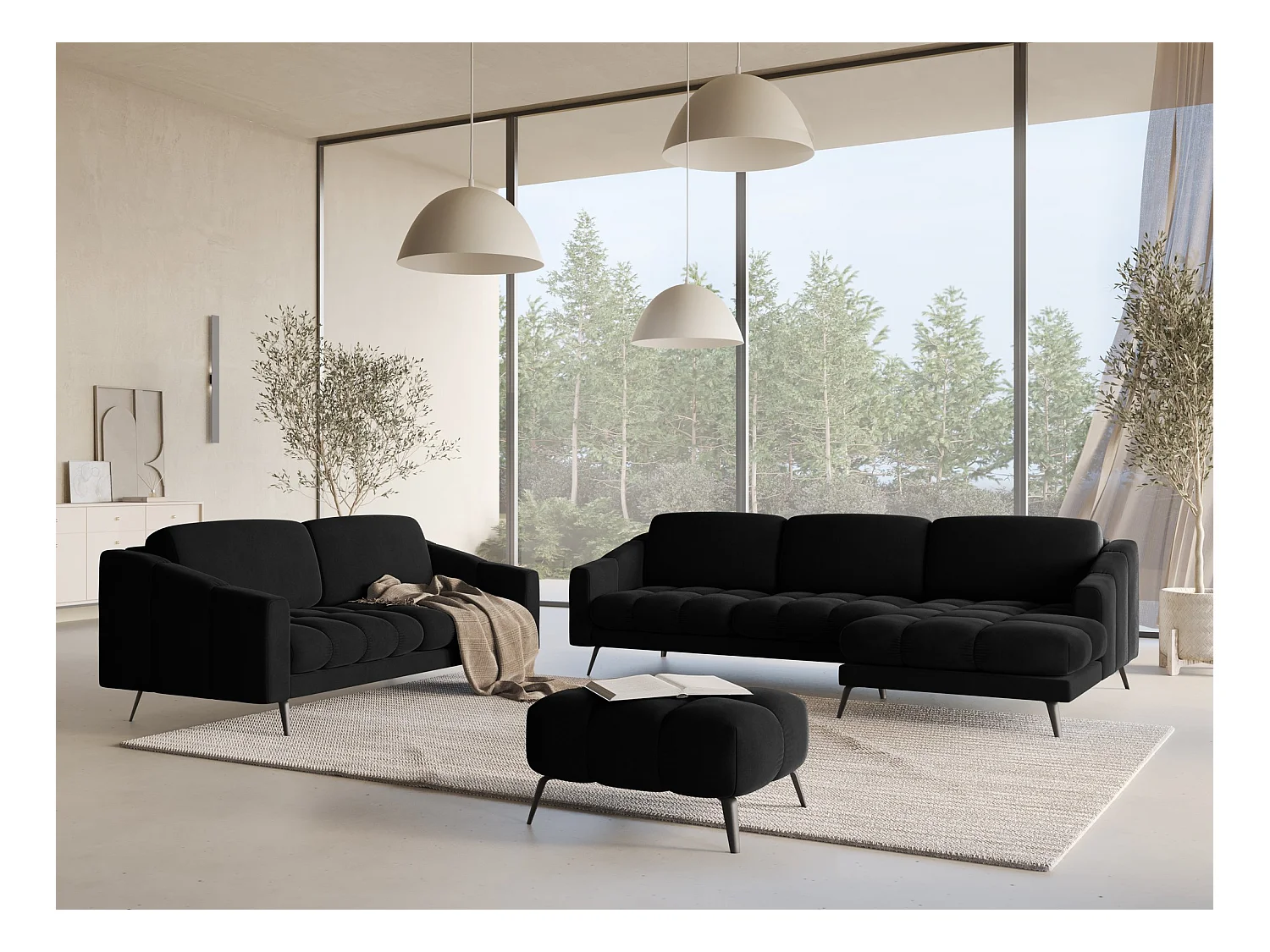 Pouf - Hocker - Samt - Schwarz - NALU