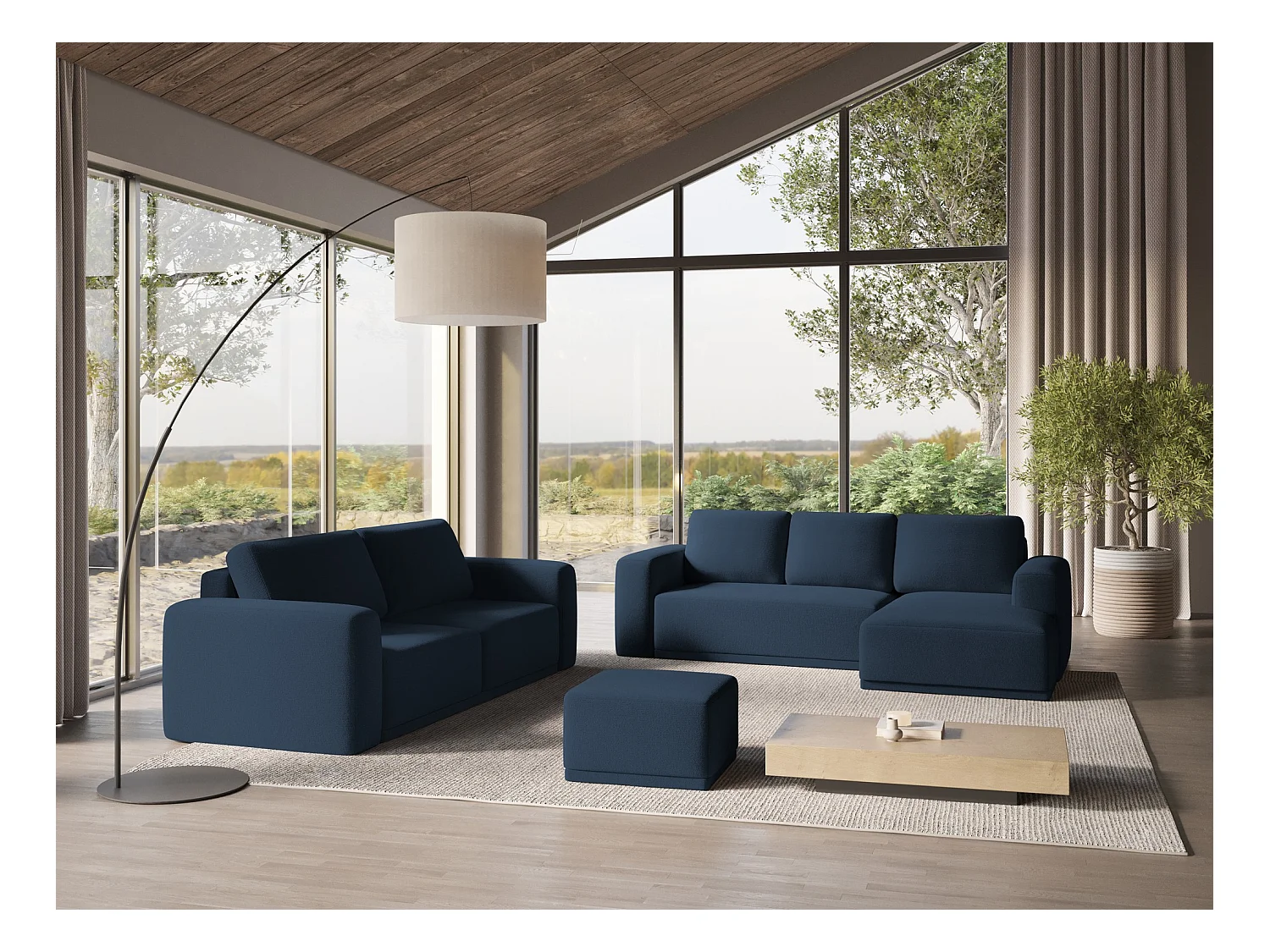 Pouf en tissu chenille - bleu royal - KAILA