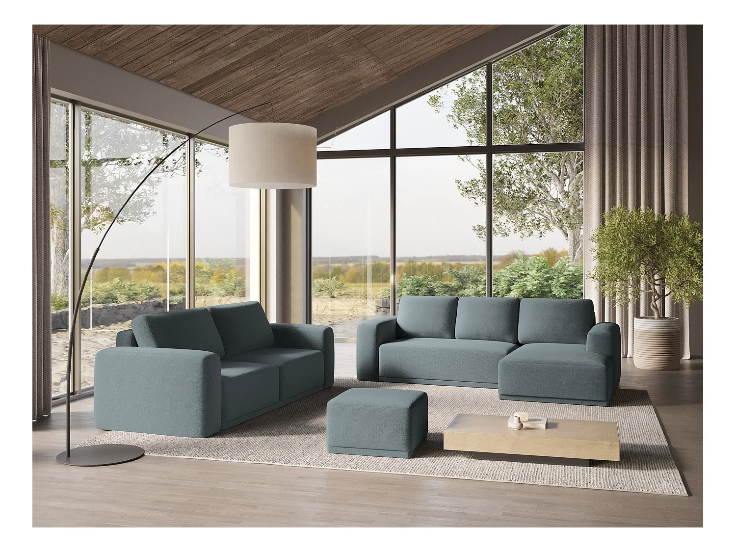 Pouf en tissu chenille - jeans - KAILA