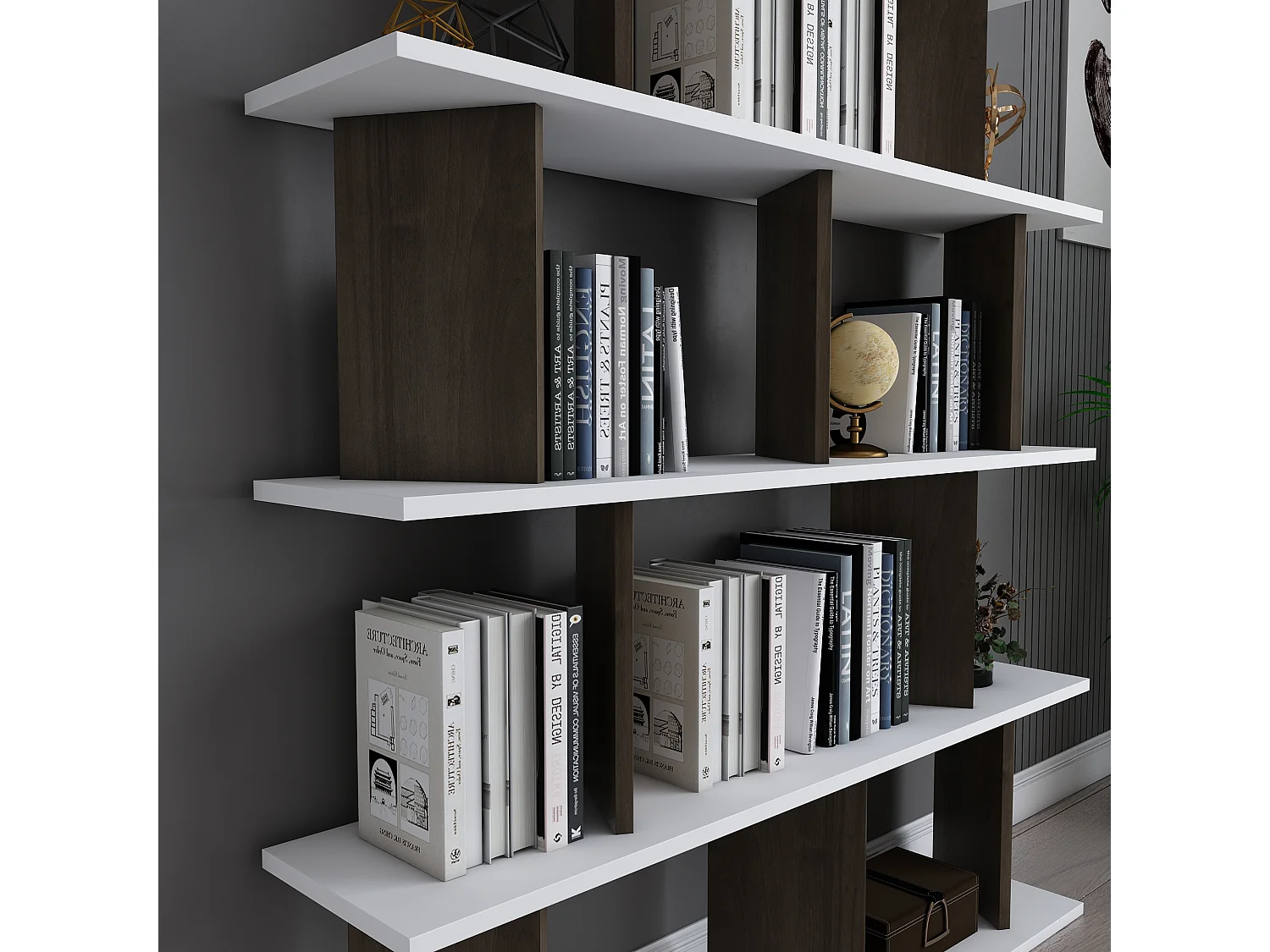 Bibliothèque modern Grace 5-étagères design chic et durable (Blanc et Noyer)