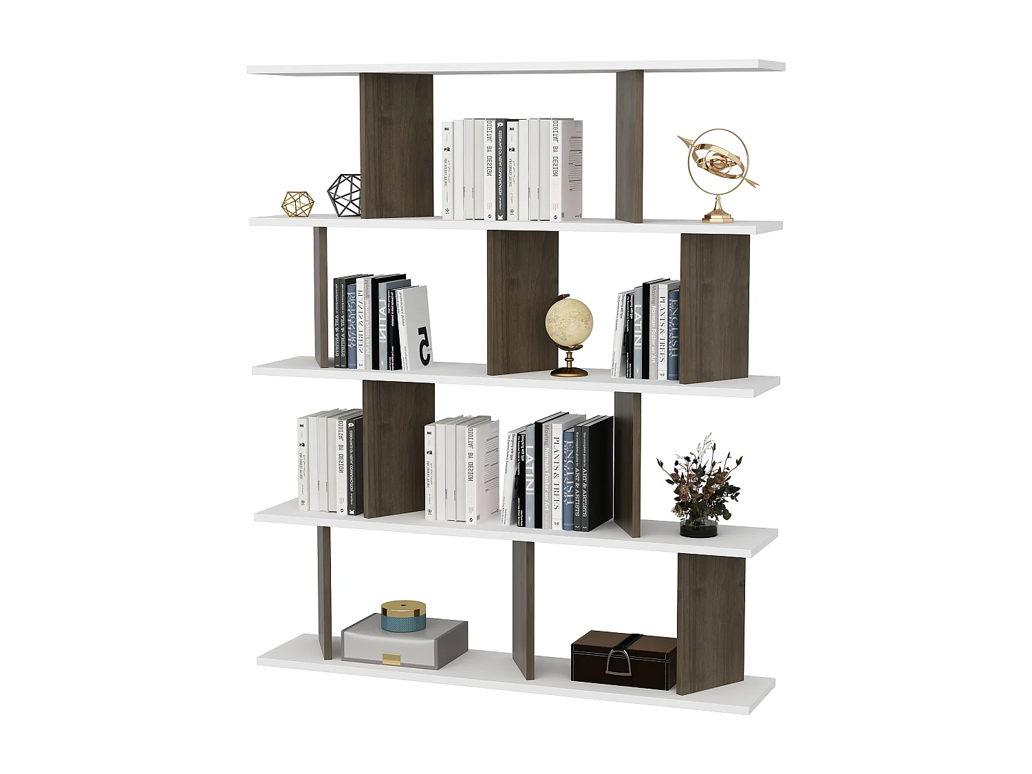 Bibliothèque modern Grace 5-étagères design chic et durable (Blanc et Noyer)