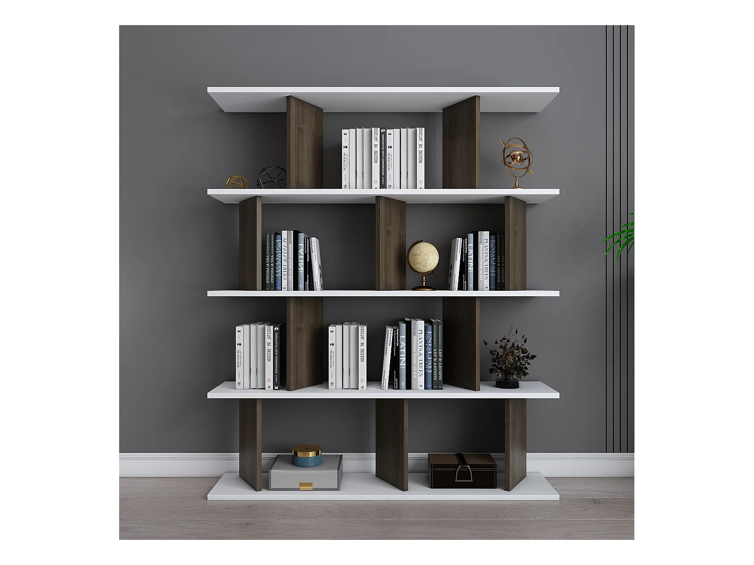 Bibliothèque modern Grace 5-étagères design chic et durable (Blanc et Noyer)