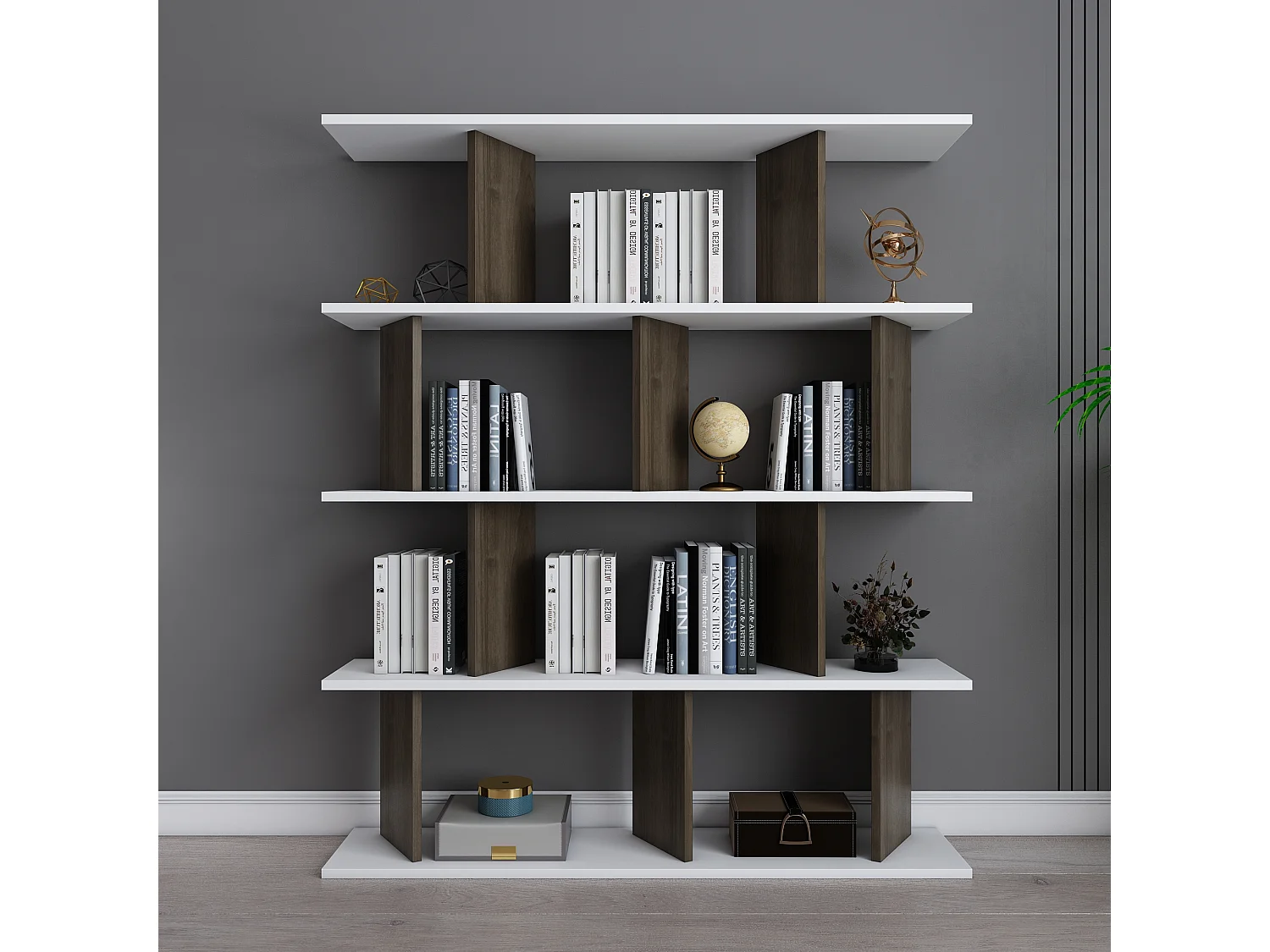 Bibliothèque modern Grace 5-étagères design chic et durable (Blanc et Noyer)