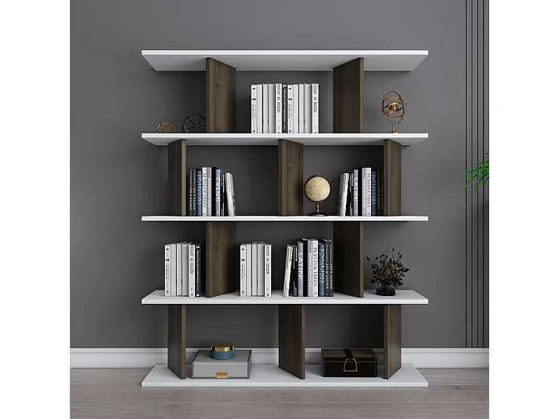 Bibliothèque modern Grace 5-étagères design chic et durable (Blanc et Noyer)