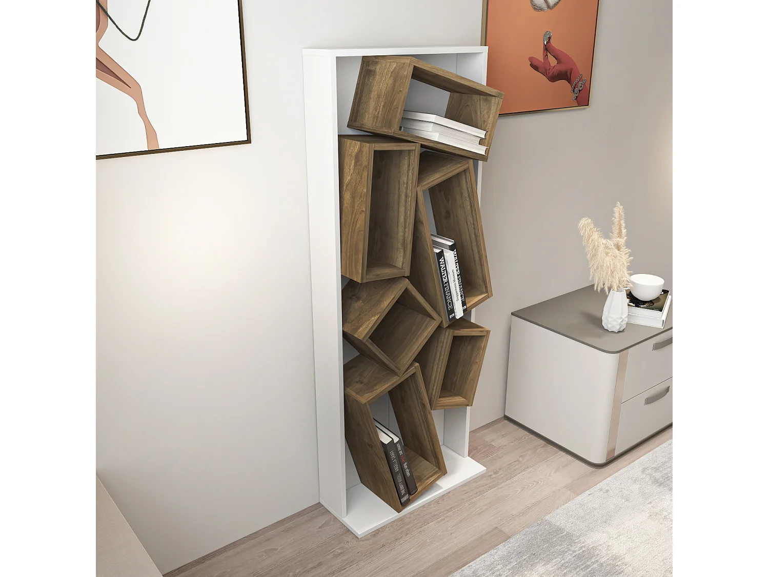 Carmen Bibliothèque Design Géométrique (Blanc et Noyer)