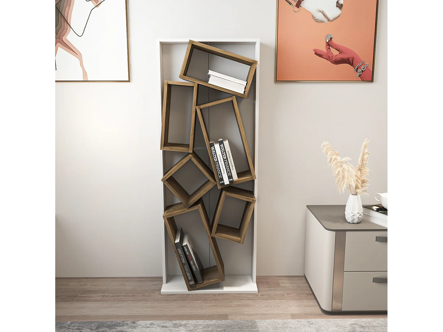 Carmen Bibliothèque Design Géométrique (Blanc et Noyer)