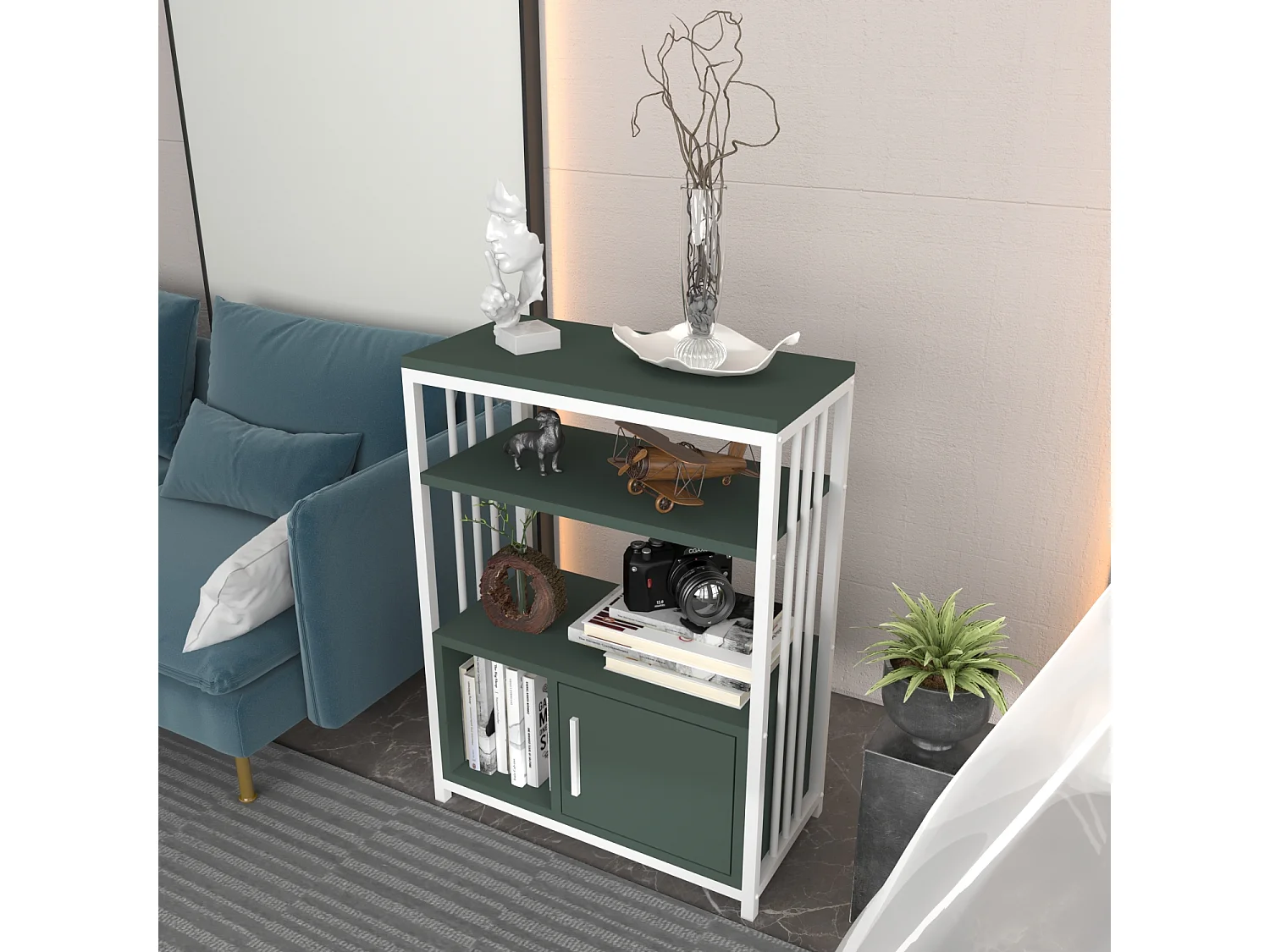 Bibliothèque Letos avec le cadre en métal et armoire, design stylistique (Vert et Blanc)