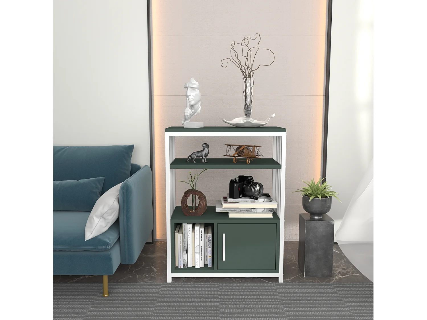 Bibliothèque Letos avec le cadre en métal et armoire, design stylistique (Vert et Blanc)