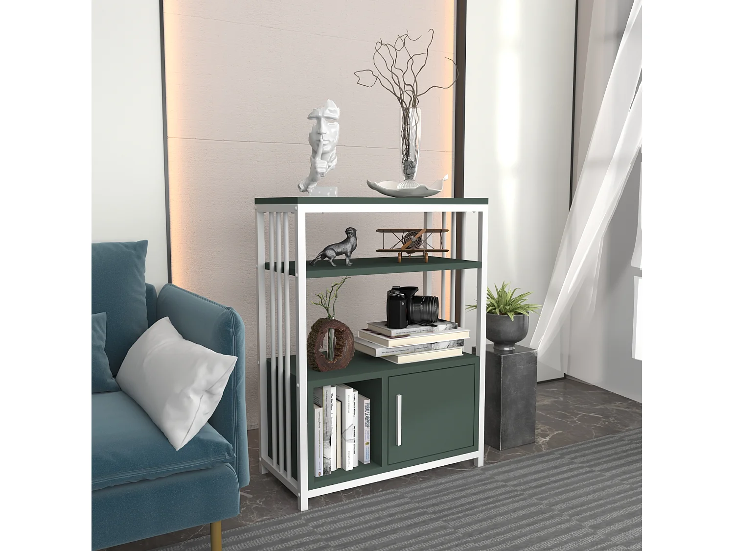 Bibliothèque Letos avec le cadre en métal et armoire, design stylistique (Vert et Blanc)