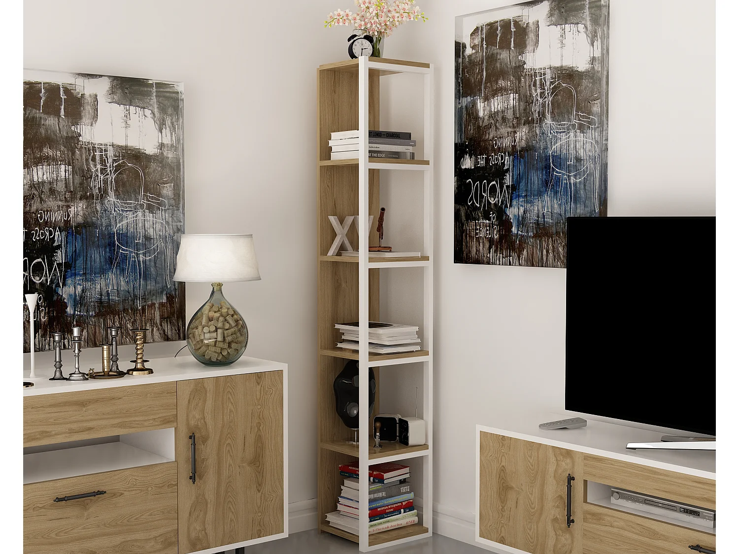 Texas bibliothèque 5 niveaux Cadre en métal 180 cm Hauteur (Blanc et Oud)