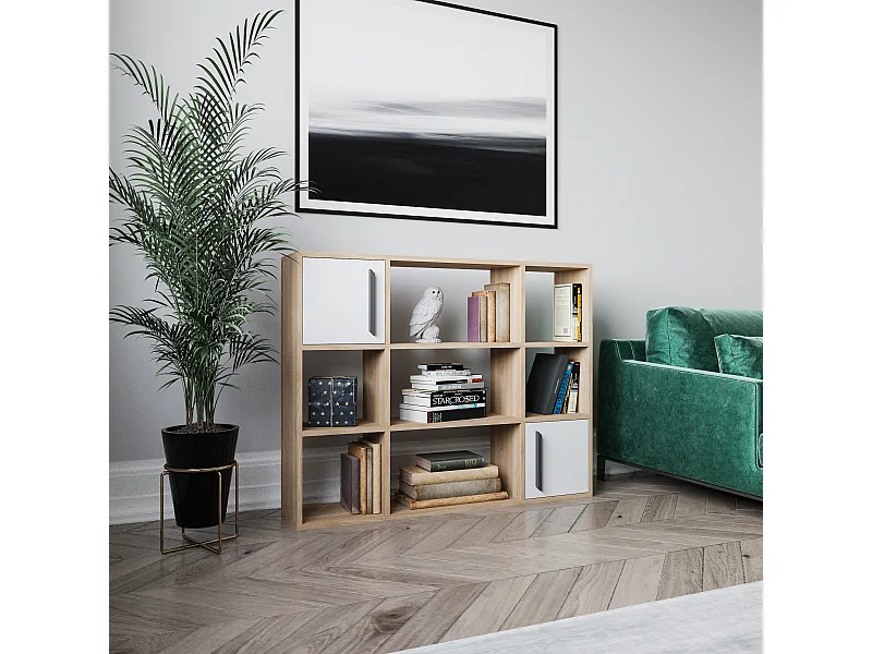 Randall Bibliothèque Rangement avec 2 Armoires et 7 Niches | Dos nu  (Chêne et Blanc)