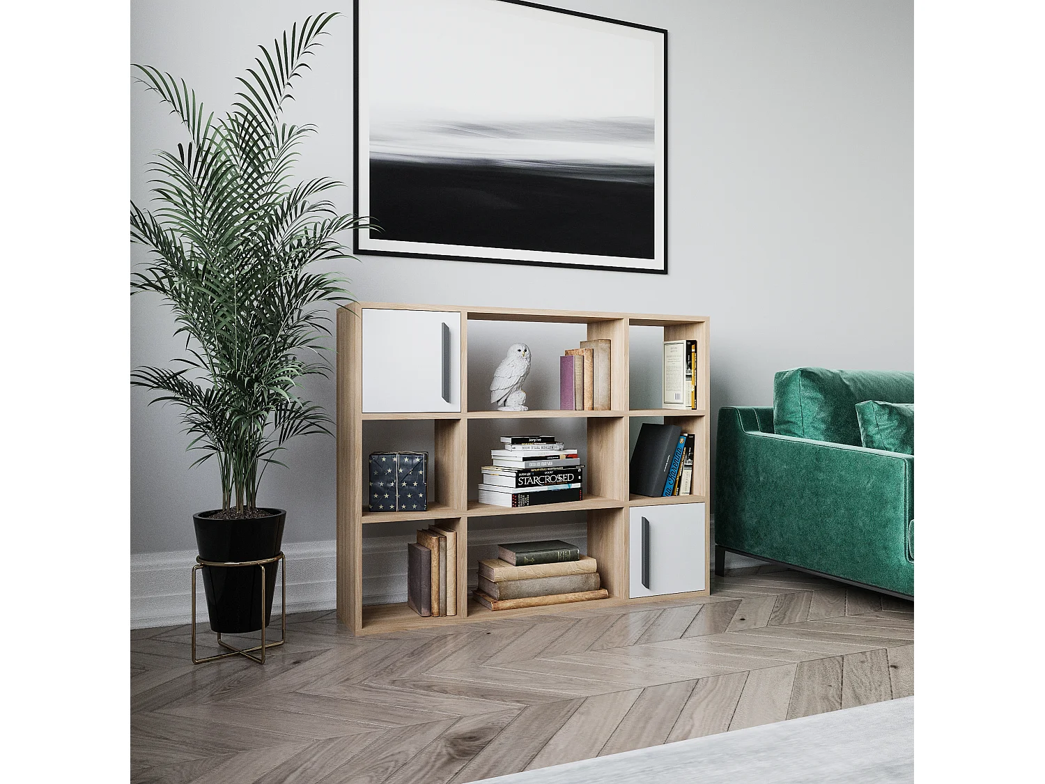 Randall Bibliothèque Rangement avec 2 Armoires et 7 Niches | Dos nu  (Chêne et Blanc)