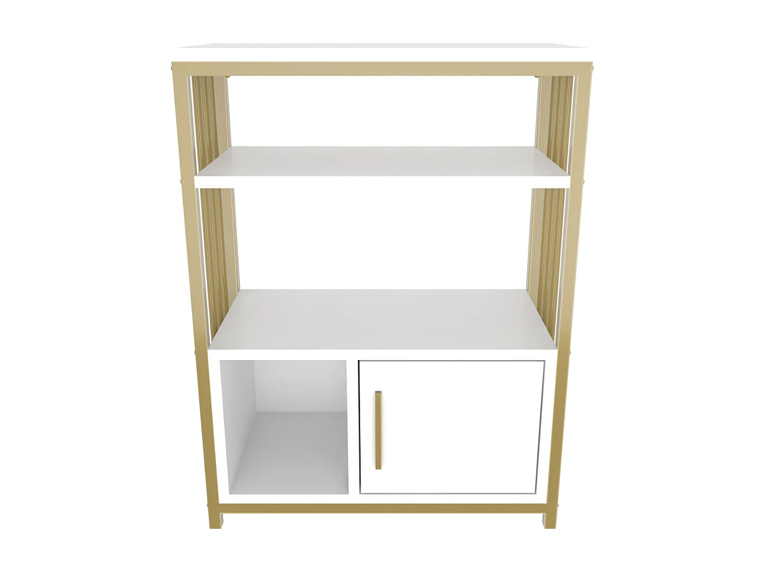 Bibliothèque Letos avec le cadre en métal et armoire, design stylistique (Blanc et Doré)