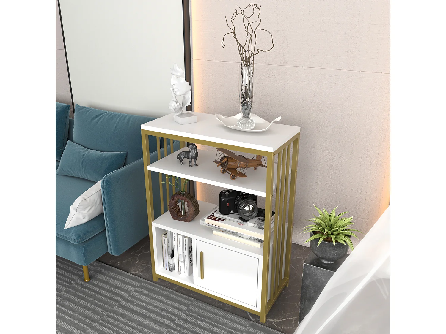 Bibliothèque Letos avec le cadre en métal et armoire, design stylistique (Blanc et Doré)