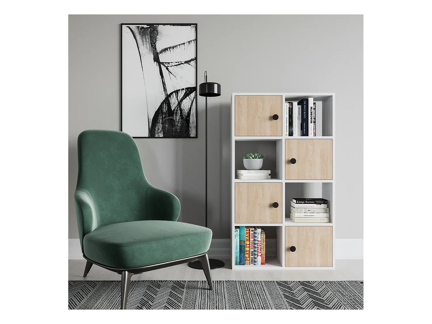 Tasso 123 cm H Bibliothèque 3 Étagères Ouvertes avec 3 Armoires Dos nu Rangement (Blanc et Chêne)
