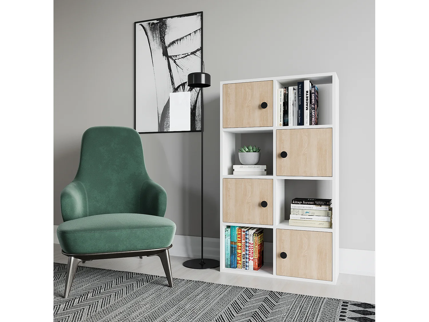 Tasso 123 cm H Bibliothèque 3 Étagères Ouvertes avec 3 Armoires Dos nu Rangement (Blanc et Chêne)