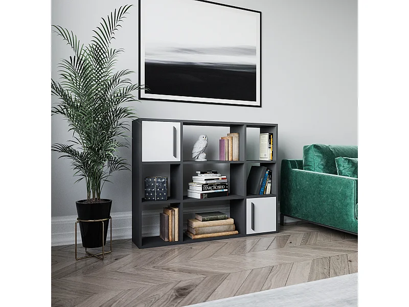Randall Bibliothèque Rangement avec 2 Armoires et 7 Niches | Dos nu (Anthracite et Blanc)