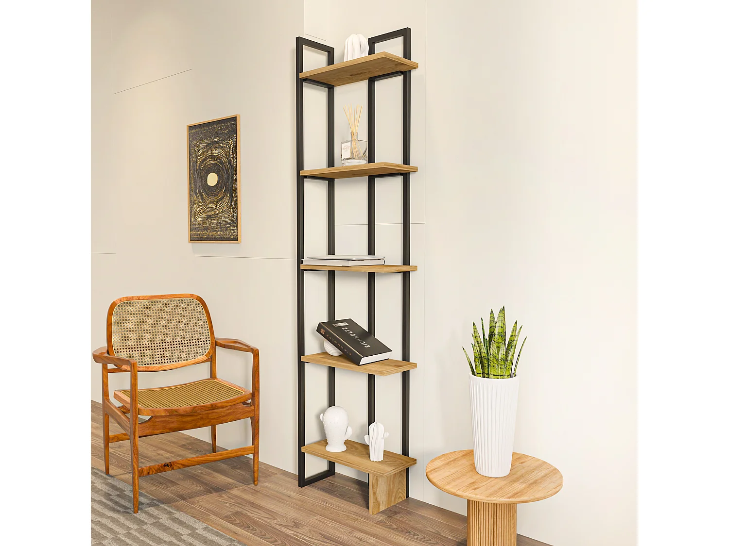 Bibliothèque d'angle 5-étagères Alice avec le cadre en métal (Noir et Oud)