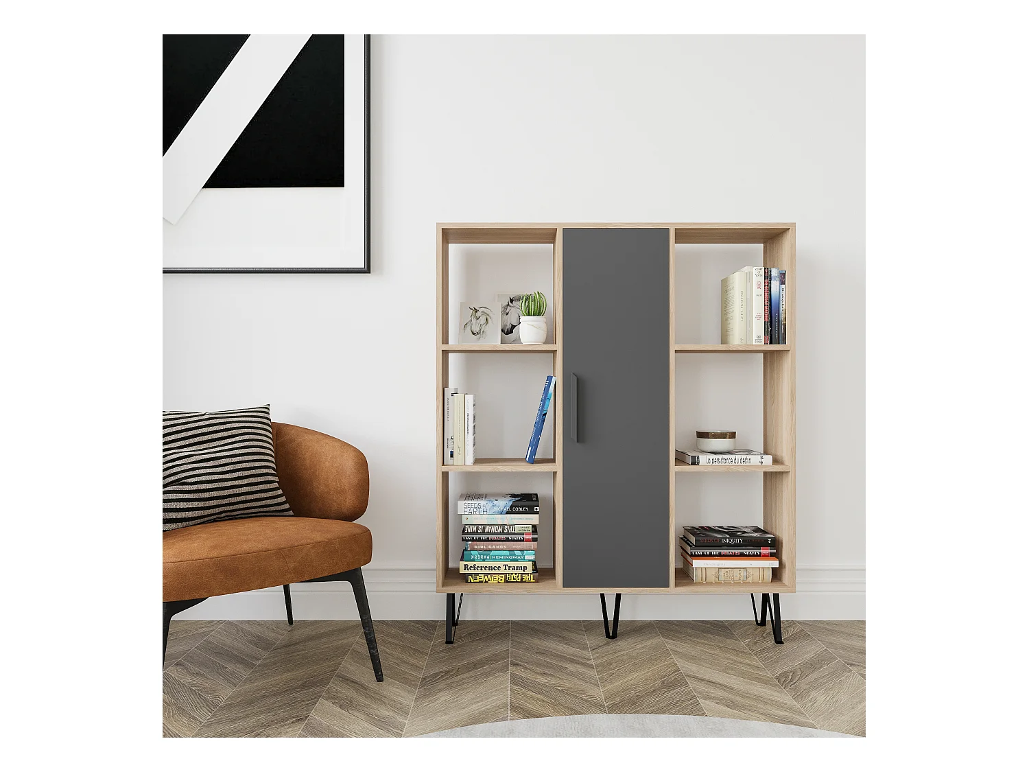 Peoria Bibliothèque à 6 Etagères Ouvertes Armoire Rangement Classique (Chêne et Anthracite)