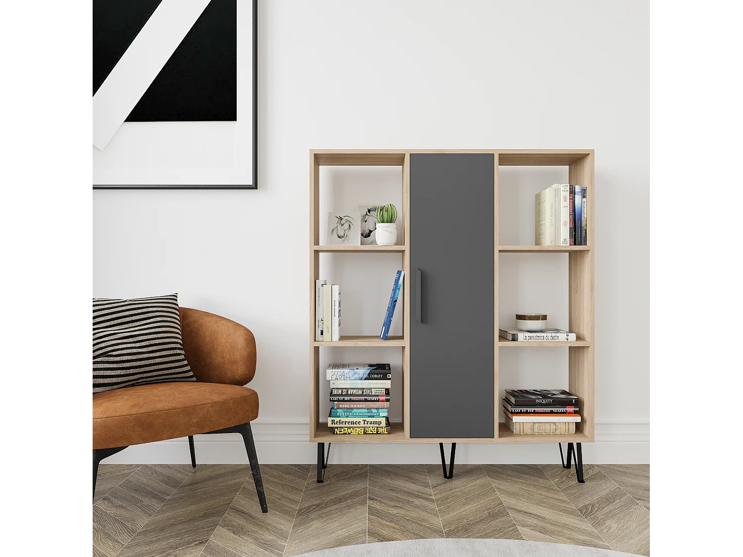 Peoria Bibliothèque à 6 Etagères Ouvertes Armoire Rangement Classique (Chêne et Anthracite)
