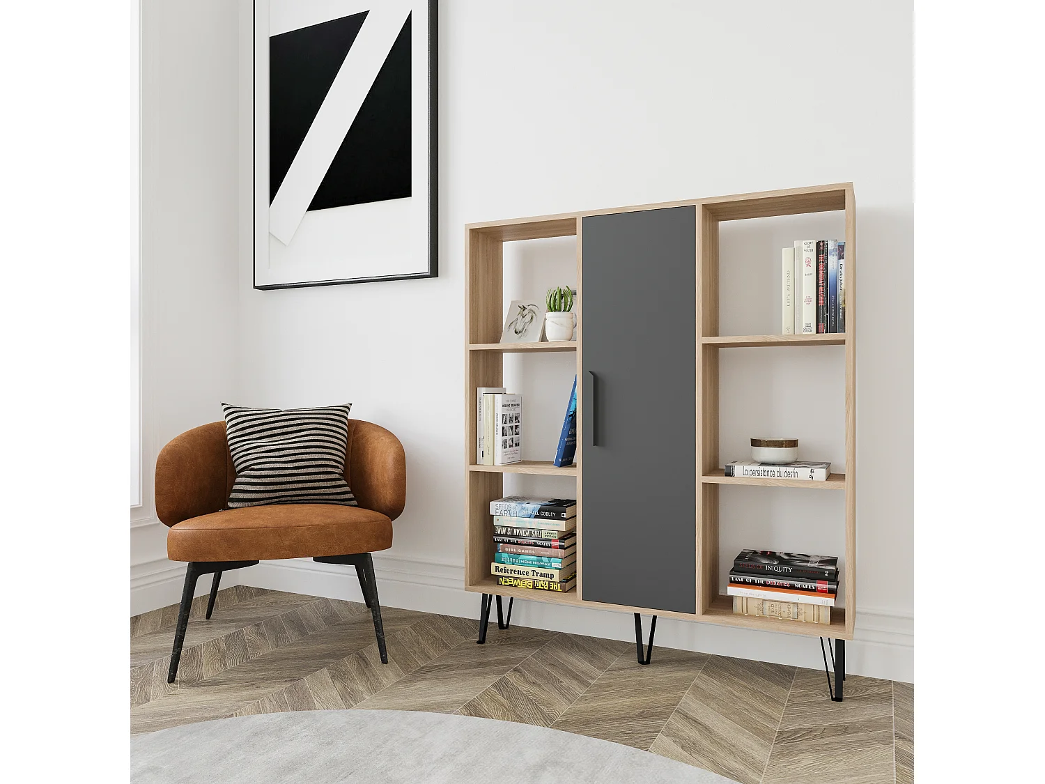 Peoria Bibliothèque à 6 Etagères Ouvertes Armoire Rangement Classique (Chêne et Anthracite)
