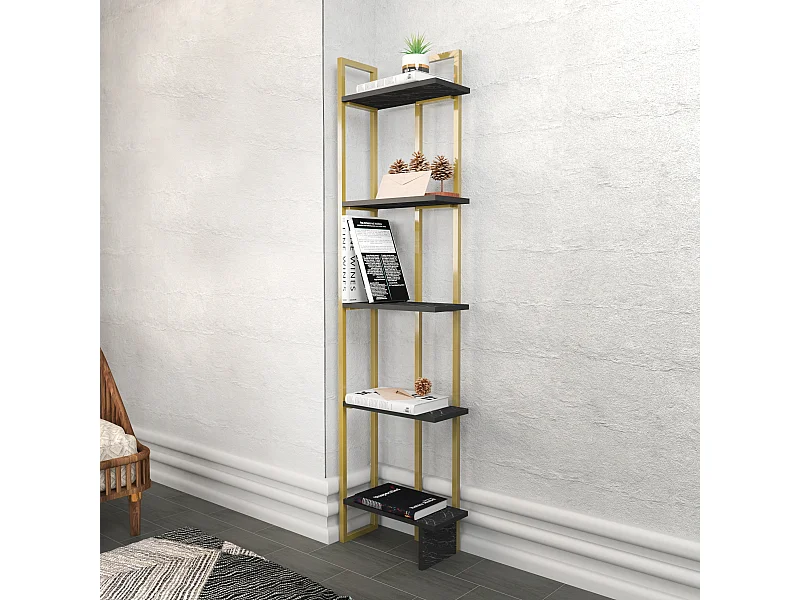 Bibliothèque d`angle 5-étagères Alice avec le cadre en métal (Doré et Effet marbre noir)