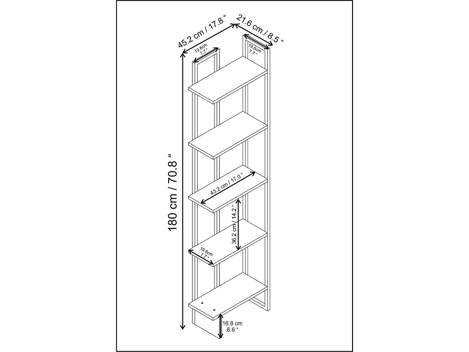 Decorotika Alice 180 cm 5-tier Metal Frame  Corner Bookshelf  - 45 cm W x 19.6 cm D x 180 cm H